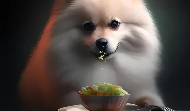 Um cachorro da raça lulu da pomerânia comendo comida saudável de humano.