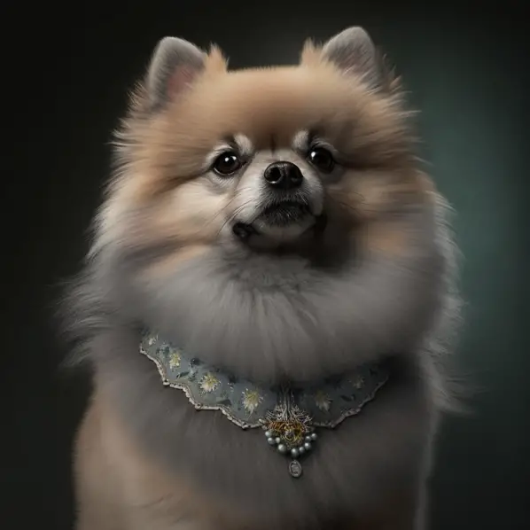 lindo lulu da pomerãnia cinza com uma coleira muito chamativa