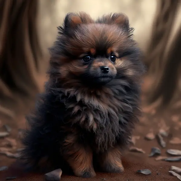 Filhote de lulu da pomerânia da cor preta com doença da pele negra e sujo
