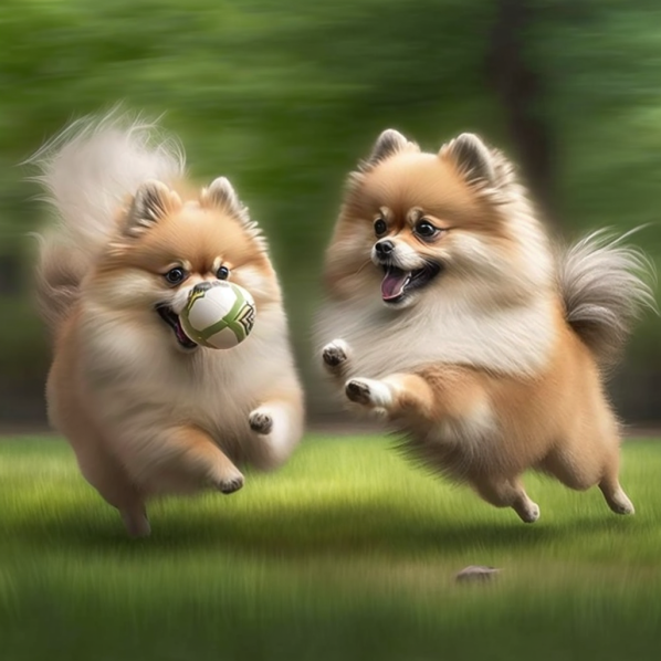 dois lulu da pomeânia correndo e pulando com uma bola
