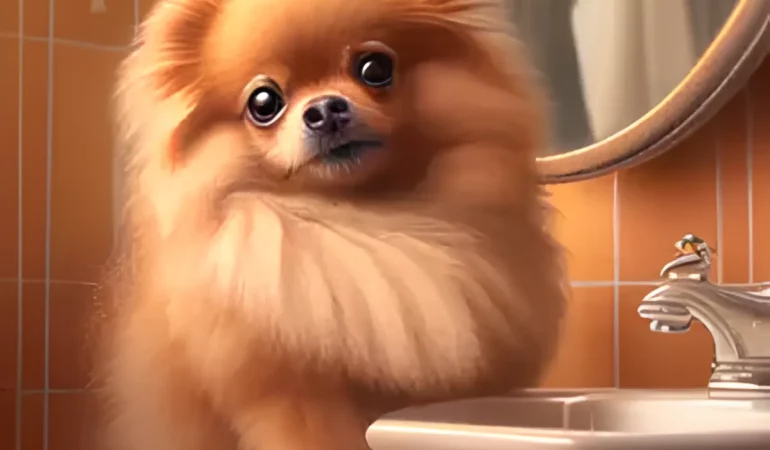 um cachorro da raça lulu da pomerânia fazendo higiene oral.