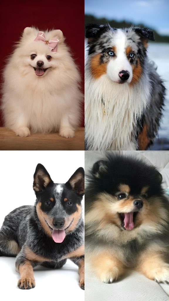 quatro cães das raças lulu da pomerânia e pastor australiano.