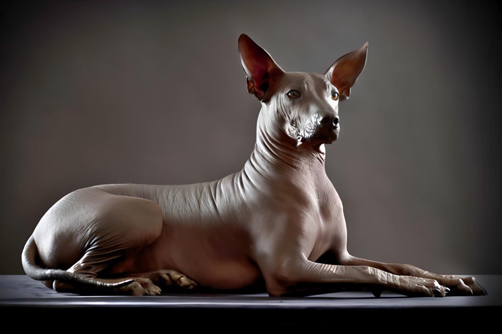 um cão da raça Xoloitzcuintli deitado descansando.