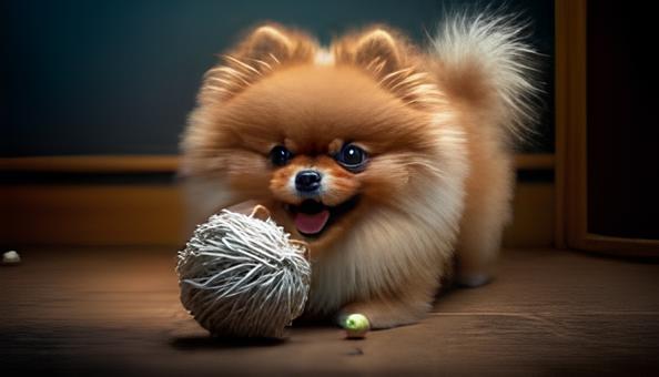 um cão da raça lulu da pomerânia brincando com uma bolinha de lã.