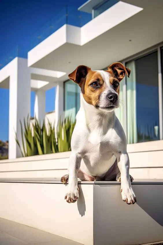 um cão da raça jack russel terrier sentado na frente de uma casa.