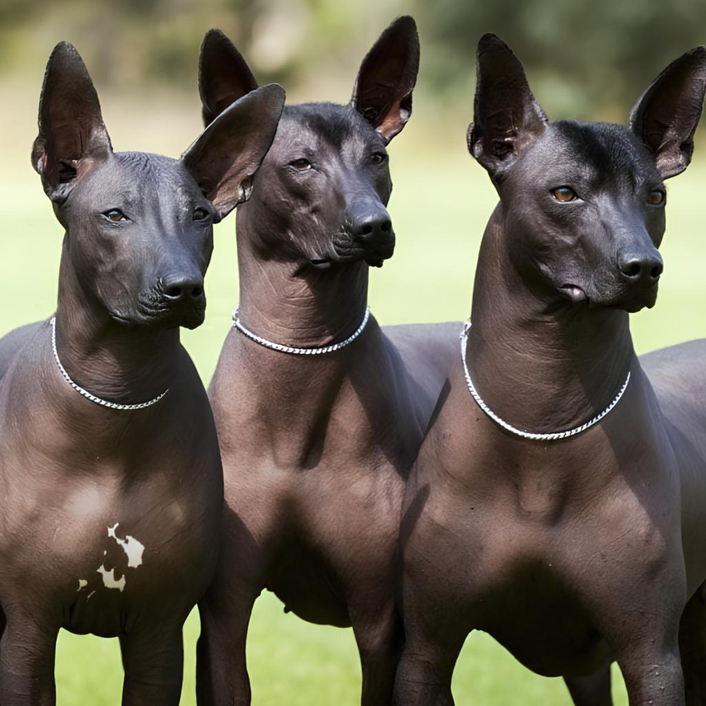 três cães da raça Xoloitzcuintli, ambos  com coleiras de metal no pescoço.