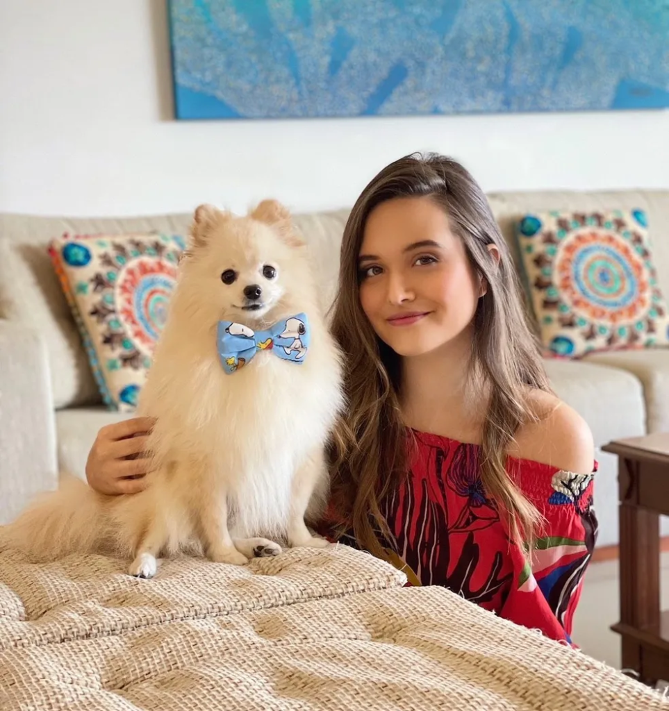 um cão da raça lulu da pomerânia ao lado de uma menina em uma sala de estar.