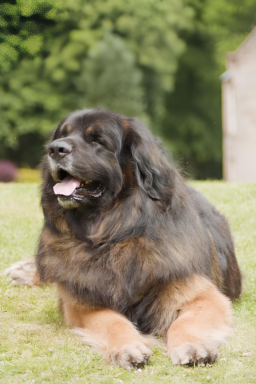 um cão da raça Leonberger deitado descansando em um gramado com língua de fora.