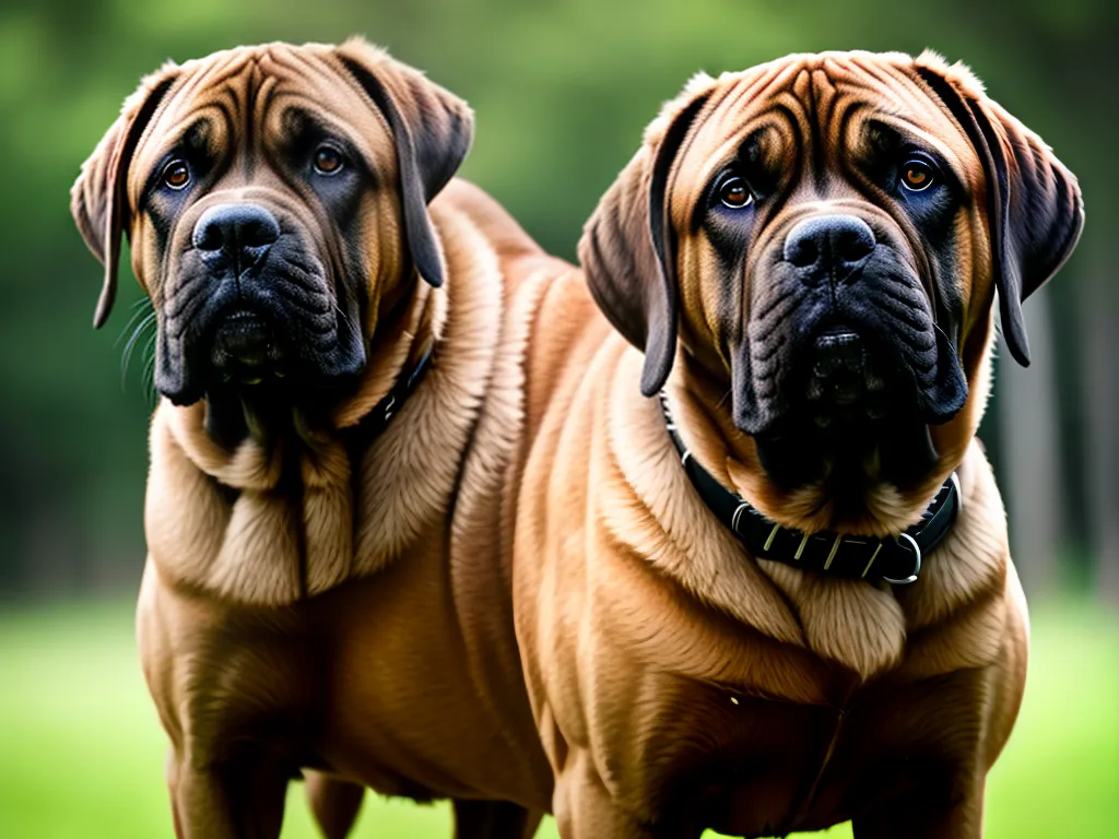 dois cães da raça mastiff com coleiras preta.