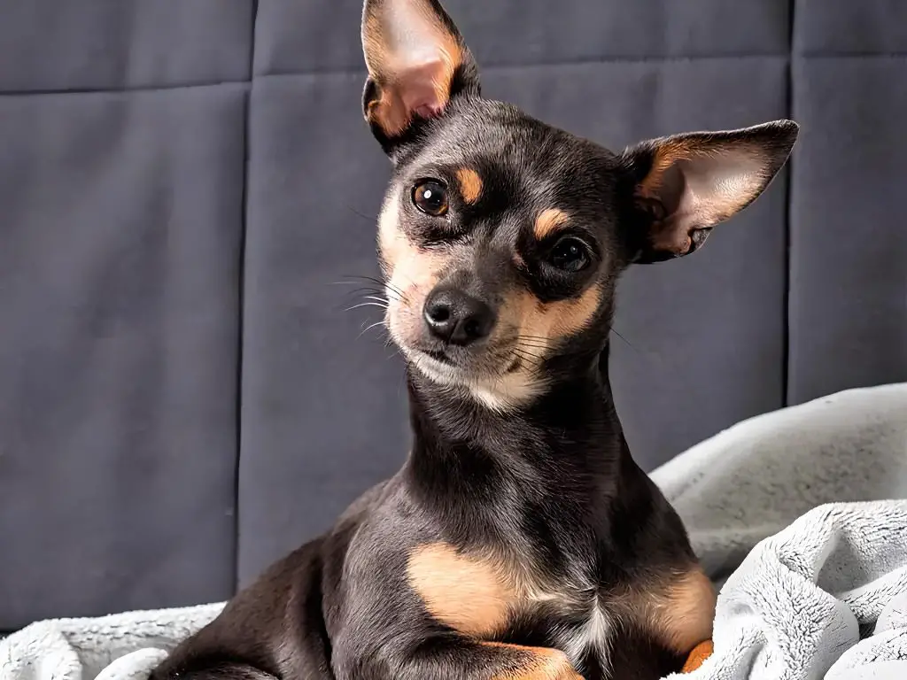 um cão da raça pinsher miniatura deitado em uma coberta. 