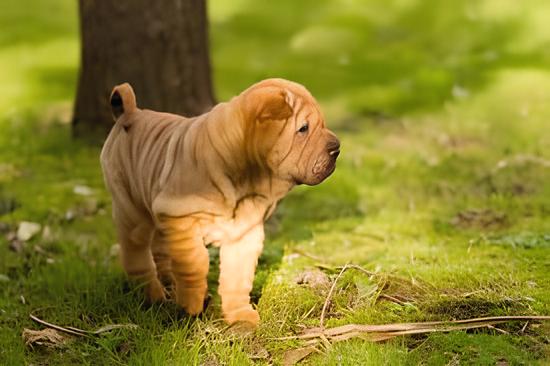 um cão da raça sharpei brincando em um gramado com árvores.