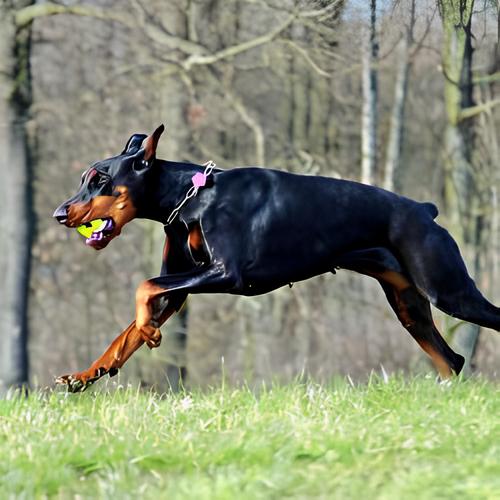 cachorro da raça dobermann correndo em um jardim com uma bolinha de tênis na boca.