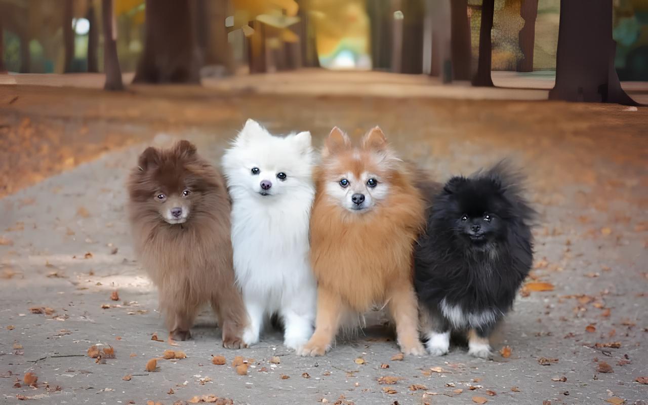 quatro cão da raça lulu da pomerânia de pelagem diferentes em um bosque.