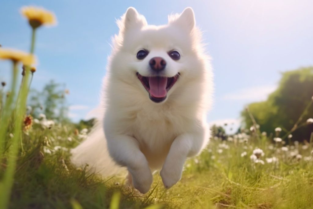um cão da raça lulu da pomerânia na cor branca correndo em um jardim com flores e matos.
