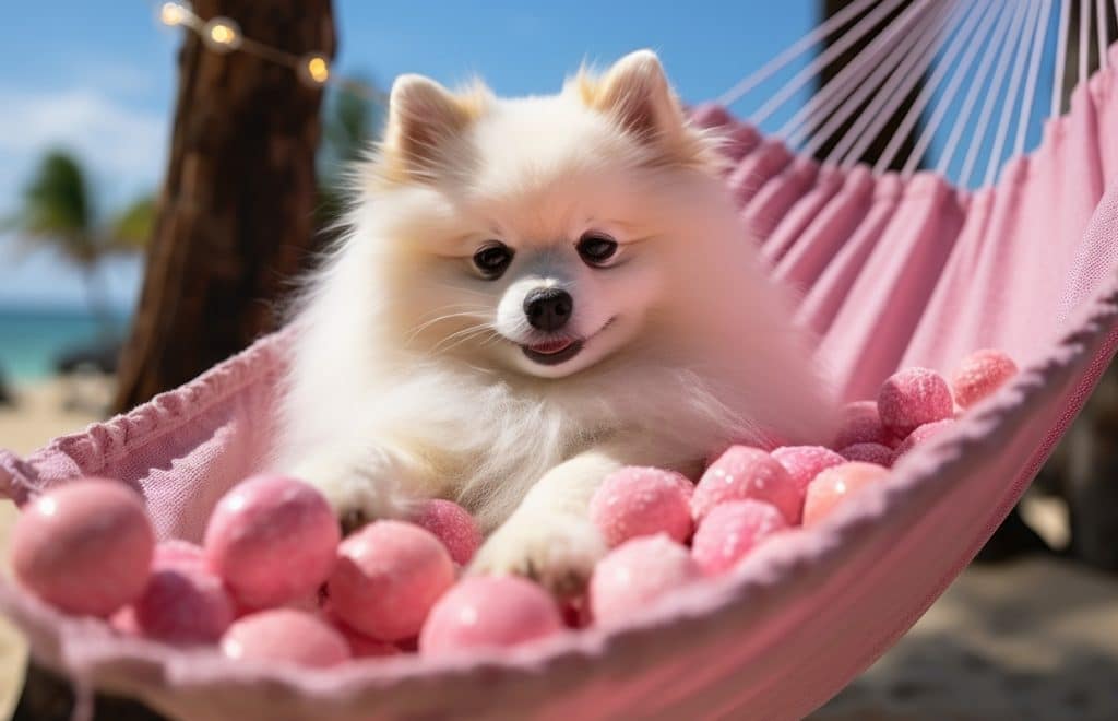 um cão da raça lulu da pomerânia em cima de uma rede de balançar na cor rosa, dentro dela bolinhas rosas .