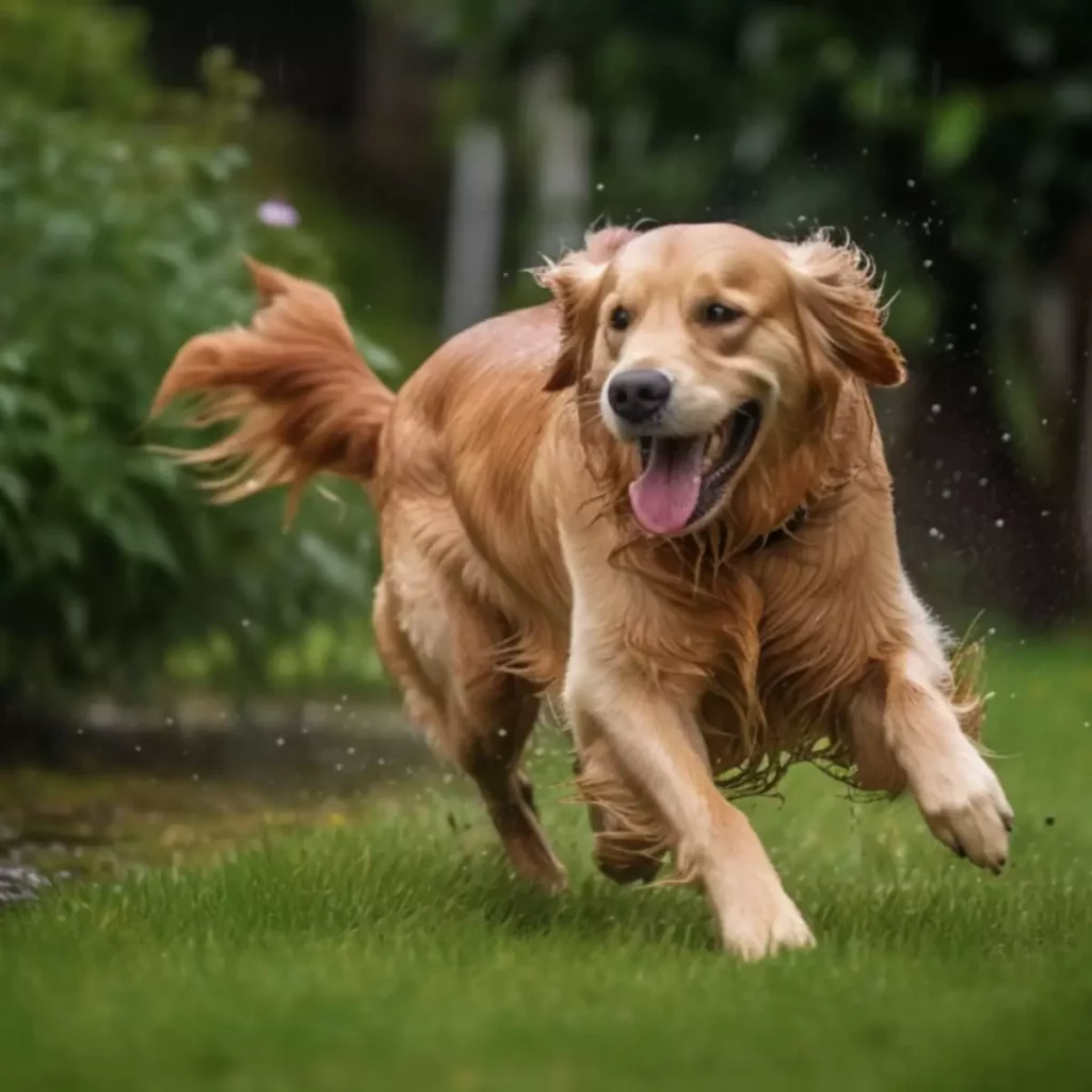 um cachorro da raça golden adulto correndo no jardim 