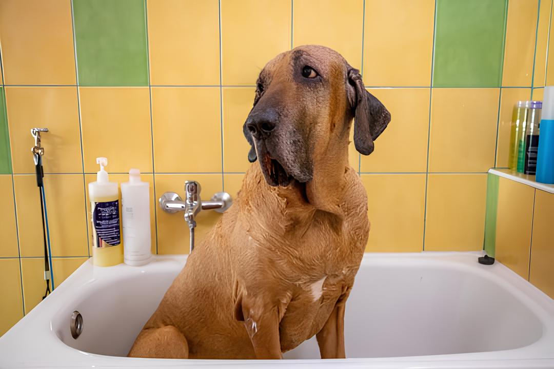um cão da raça fila brasileiro dentro de uma banheira para tomar banho.