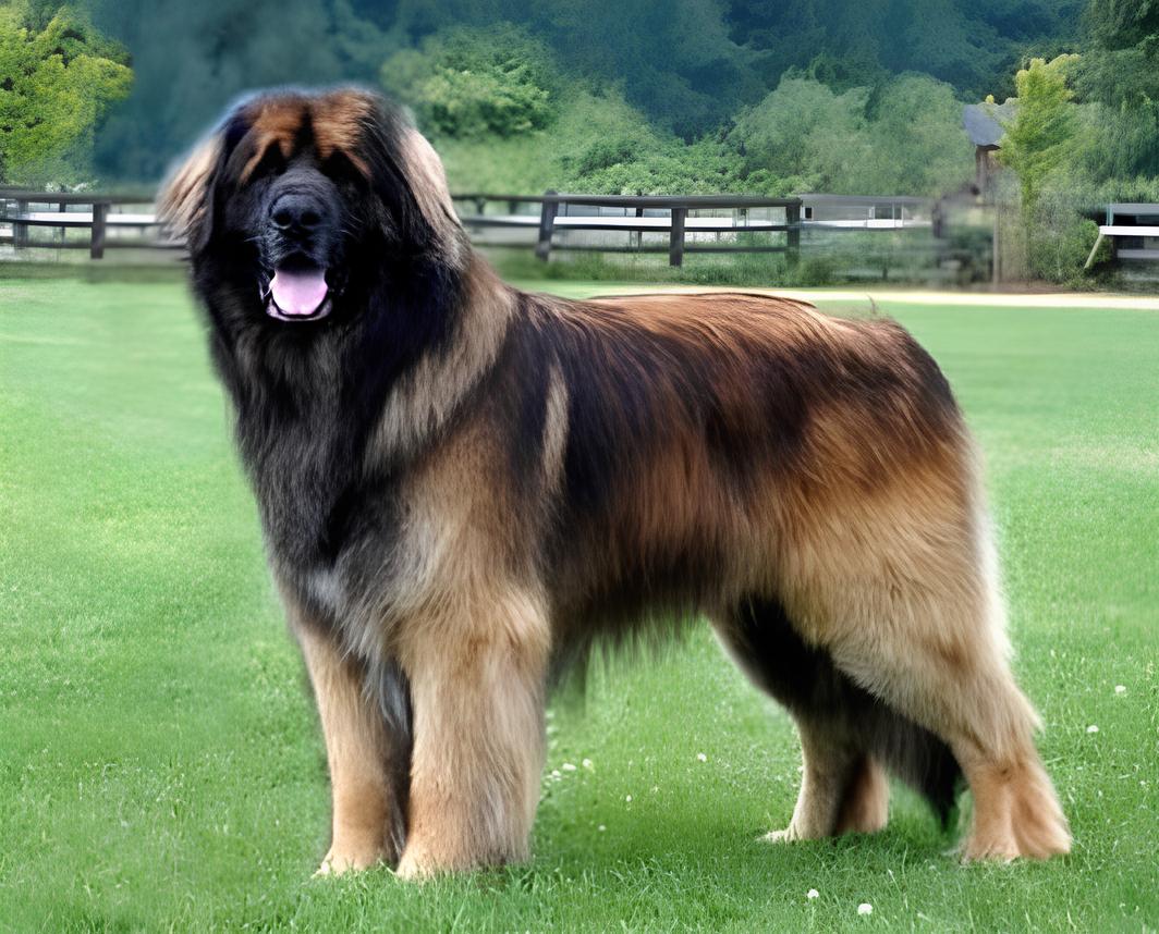 um cão da raça Leonberger em um gramado gramde com cerca de madeira e árvores ao fundo.