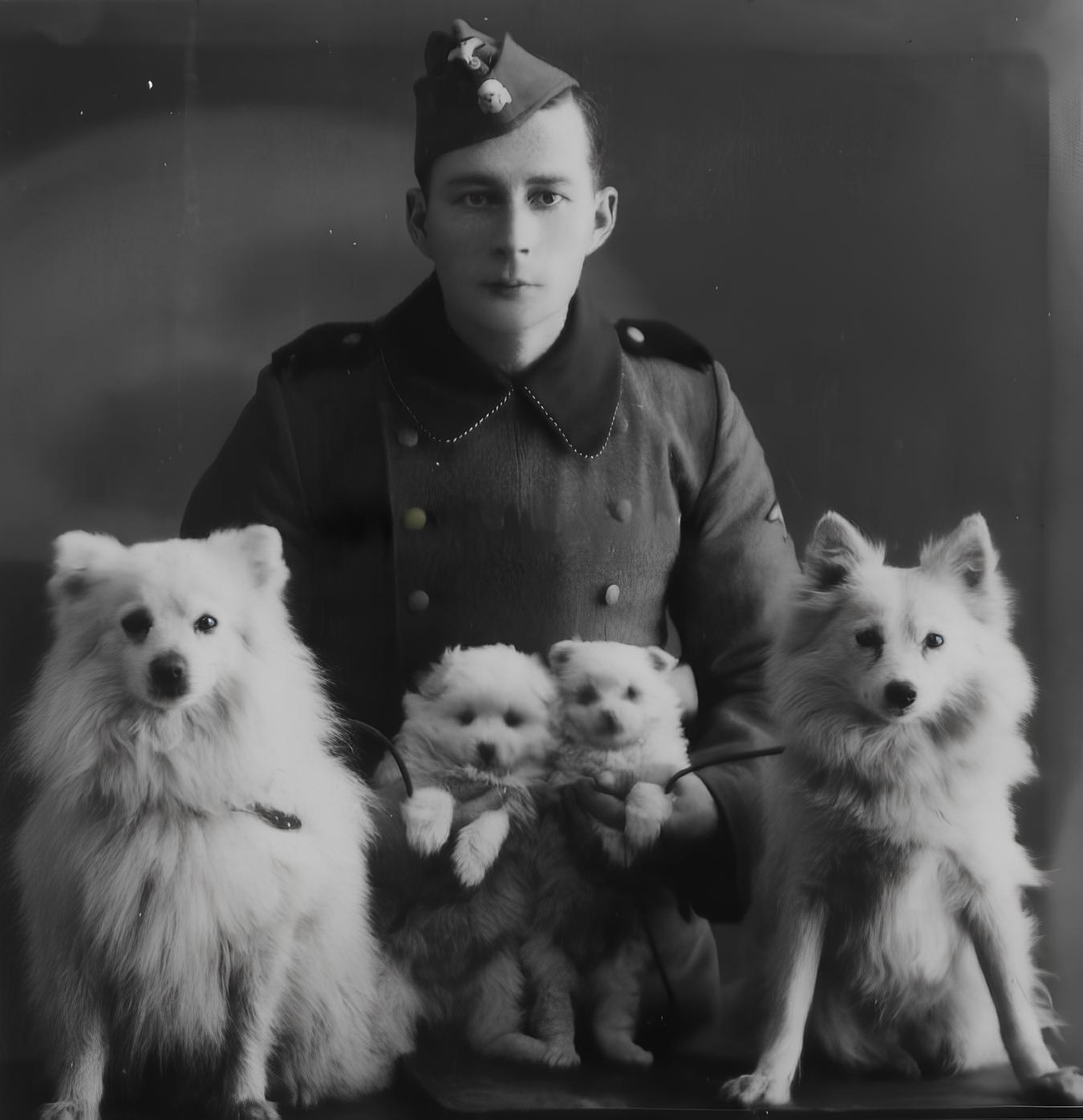 um soldado segurando dois filhotes de lulu da pomerânia e dois cães da mesma raça adultos ao lado.