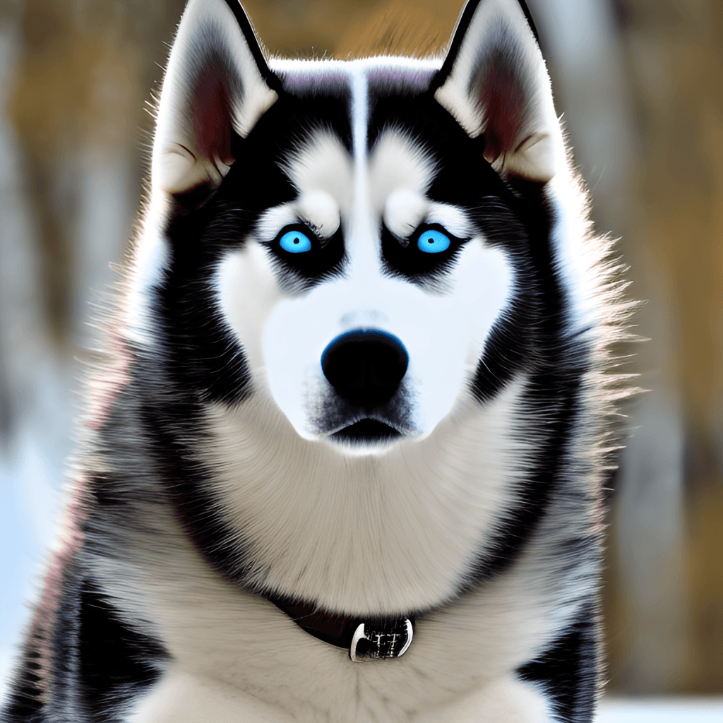 imagem de uma cachorro da raça husky siberiano com olhos azuis bem claros e pelagem preta e branca.