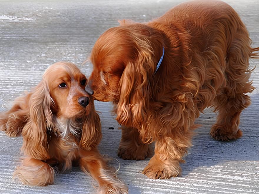 dois cães da raça coker espaniel ingles em um calçada.