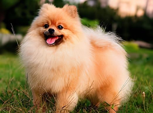 um cão da raça lulu da pomerânia em um gramado com a líbgua de fora.