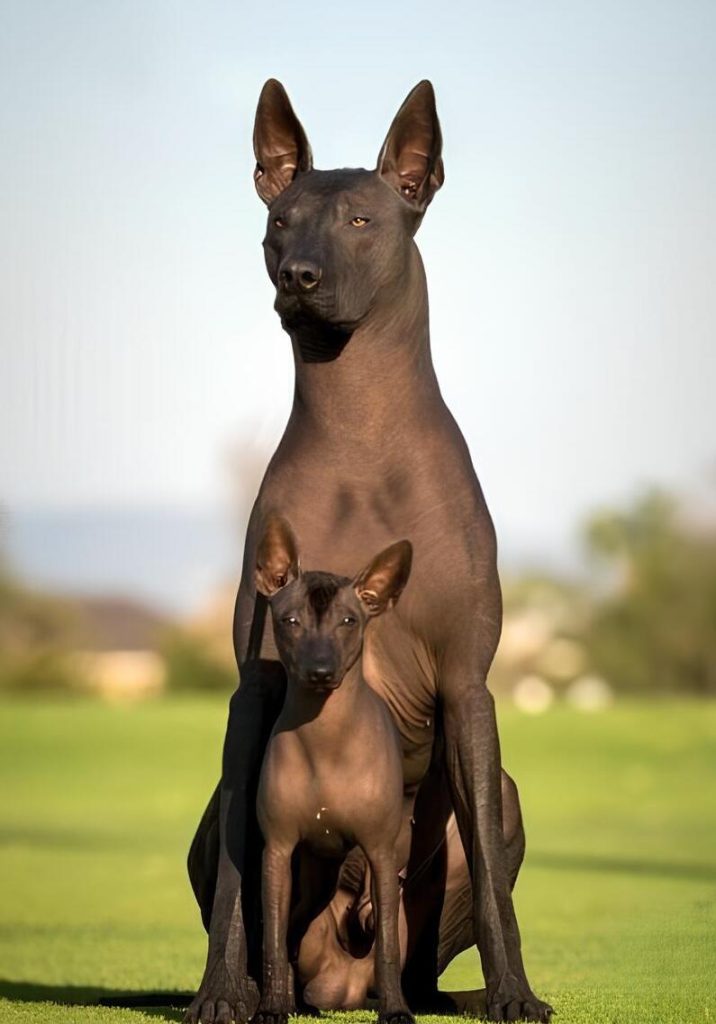 dois cães da raça Xoloitzcuintli sendo um adulto e um filhote sentados em um dia de ensolarado em um gramado.