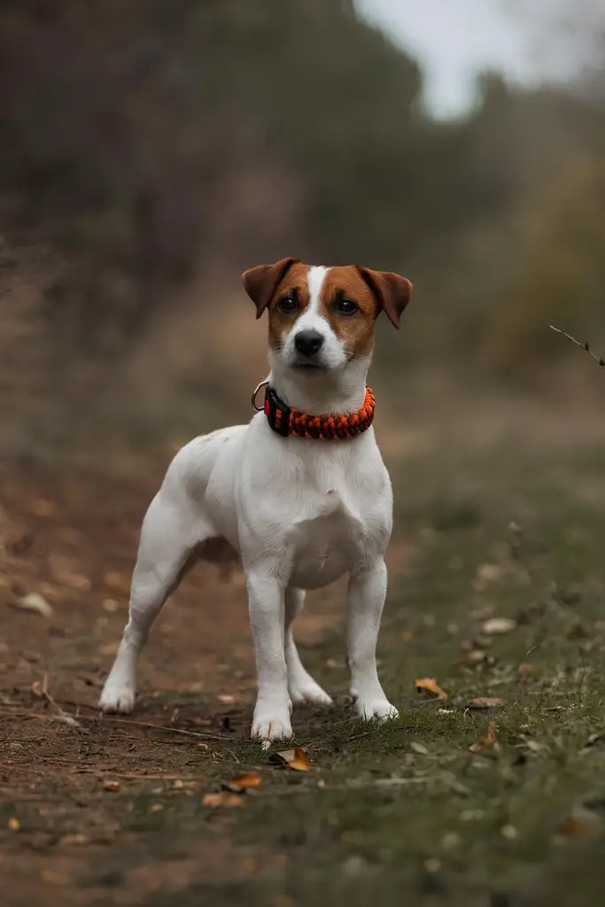 um cão da raça jack russel terrier com uma coleira laranjada em uma gramado.
