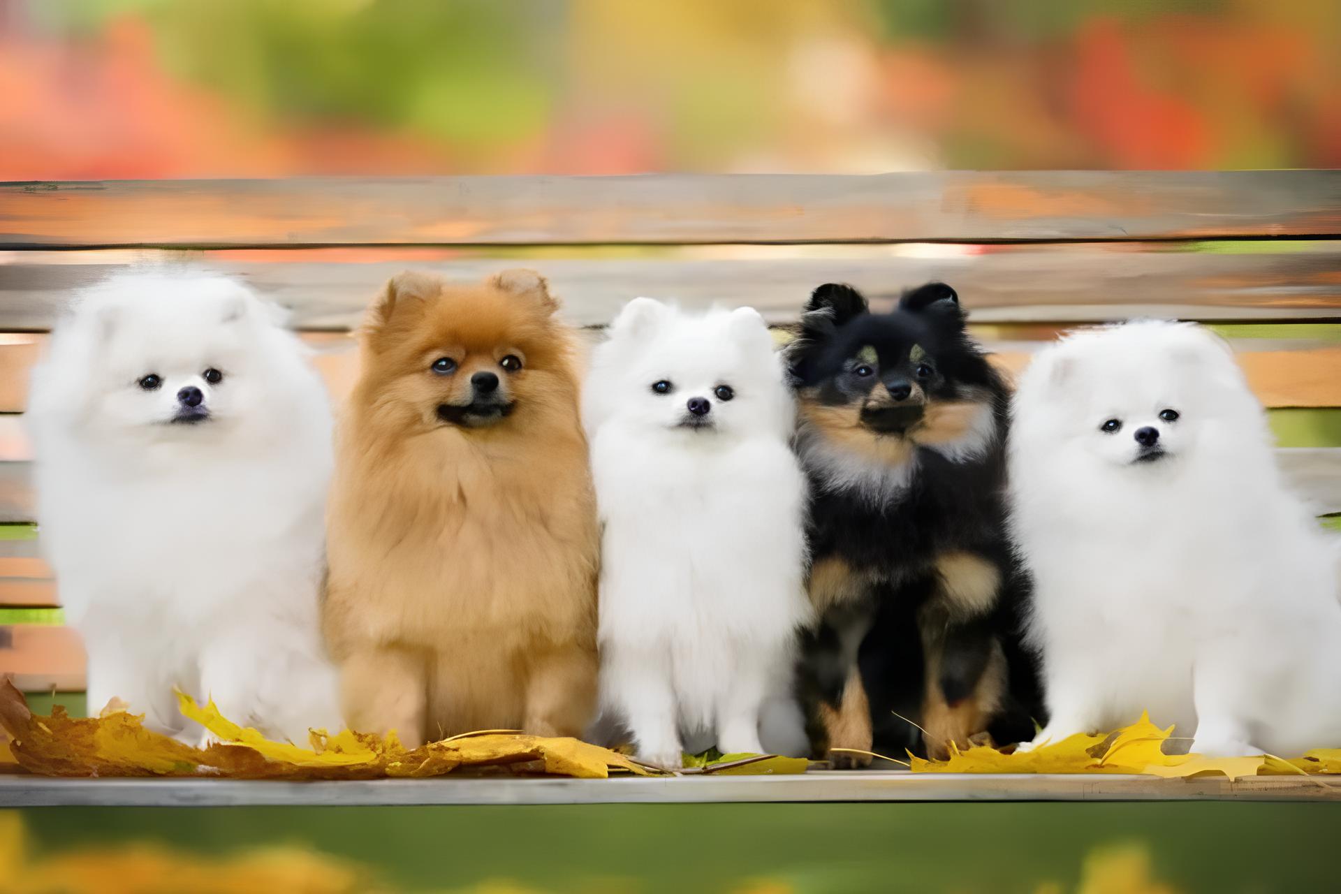 cinco cães da raça lulu da pmerânia sentados em um banco de madeira lado a lado para tirar fotos, ambos são de pelagem diferentes.