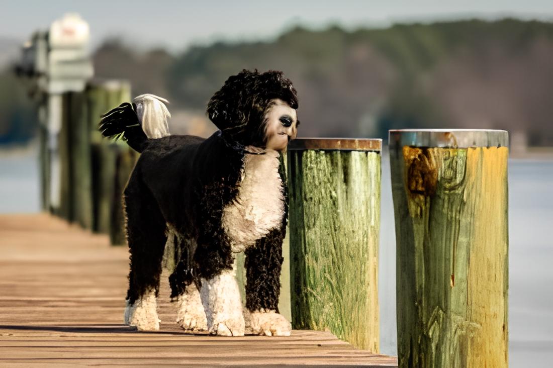 um cão da raça cão d´agua português em um ponte de madeira em cima de um rio em um dia de sol.
