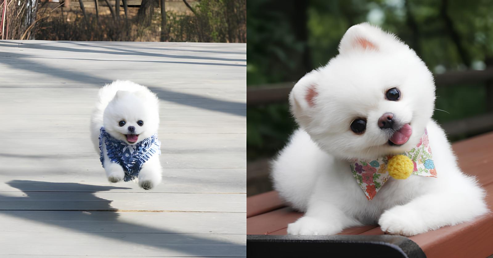 dois cães da raça lulu da pomerânia ambos nas cores brancas com lencinho no pescoço.