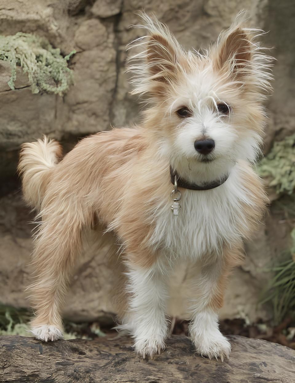 um cão da raça podengo português com uma coleira preta.
