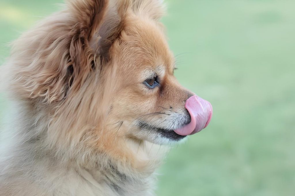 um cão da raça lulu da pomerânia de língua de fora.