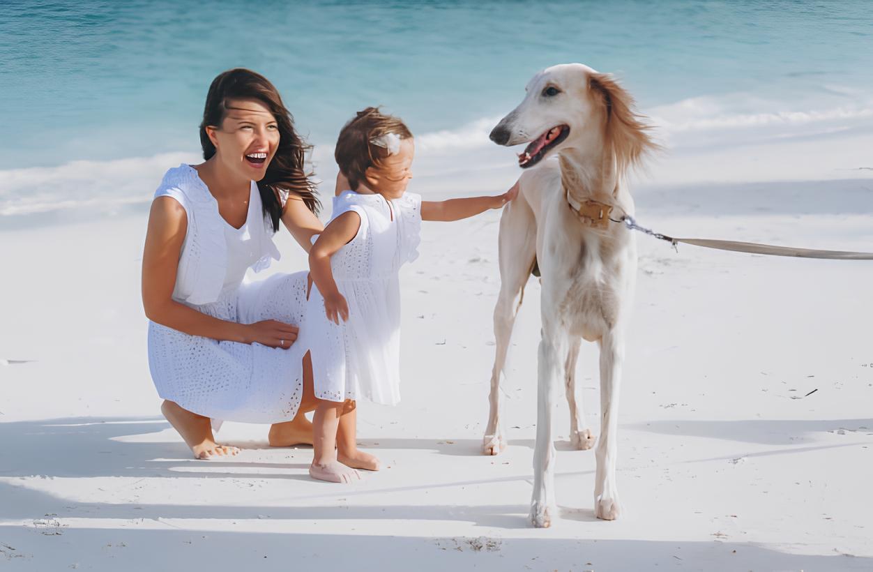uma mulher com sua filha brincando com um cachorro da raça borzoi na areia da praia.