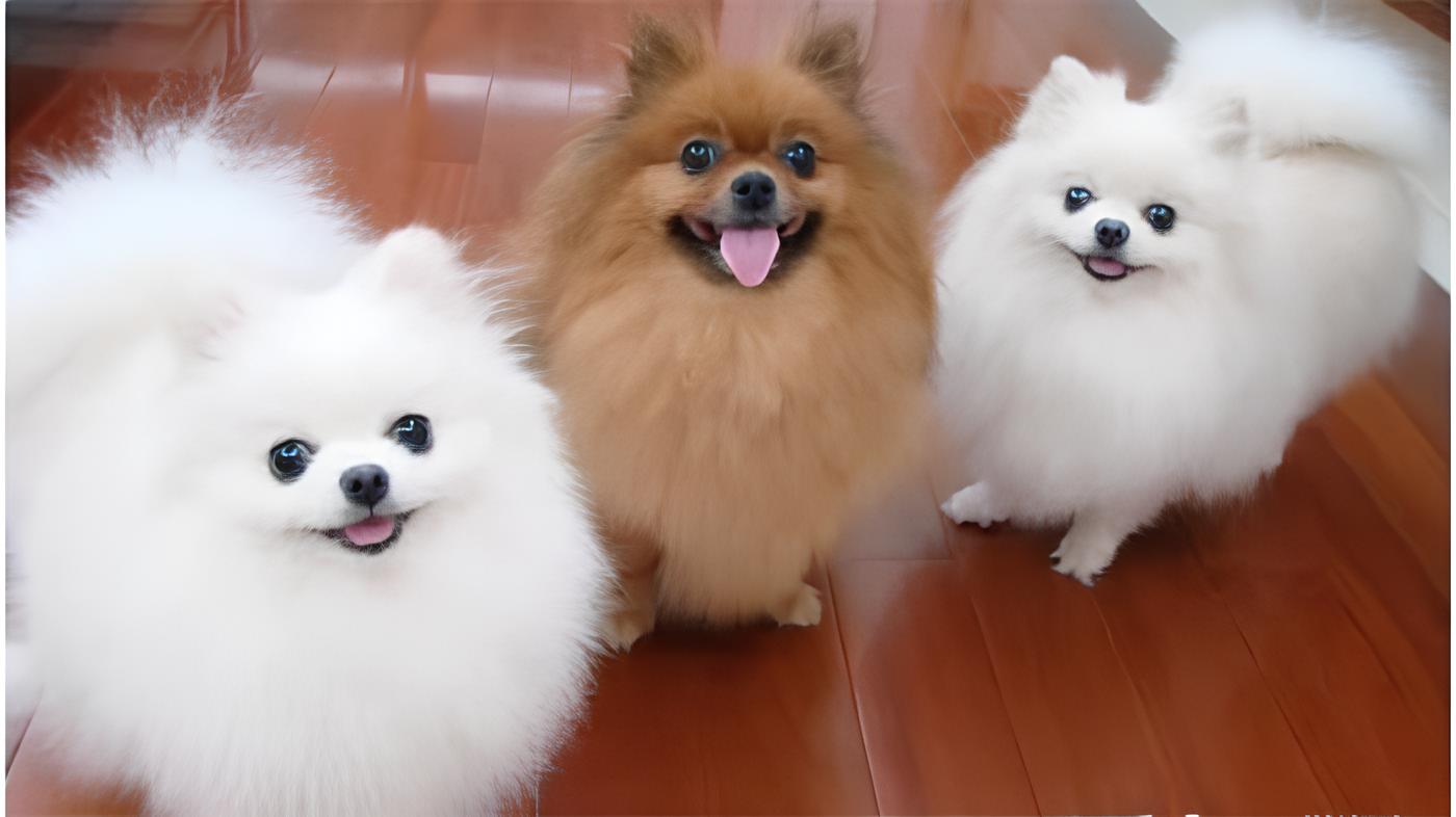 três cães da raça lulu da pomerânia, sendo dois na pelagem branca e um na pelagem creme.