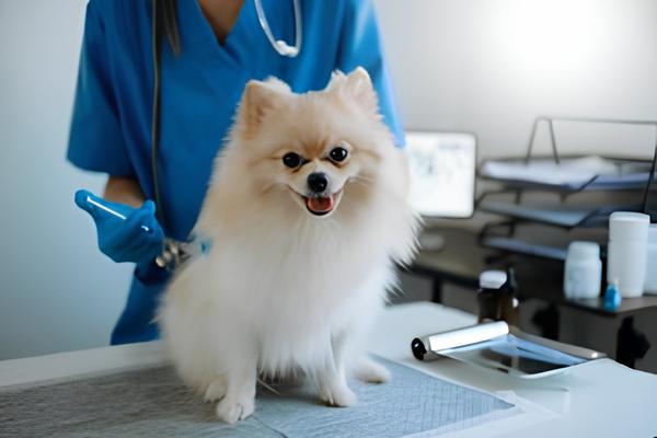 um cão da raça lulu da pomerânia sendo avaliado por uma veterinária em seu consultório.