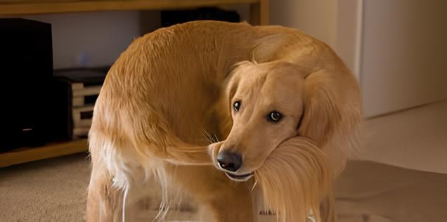 um cão mordendo seu rabo.