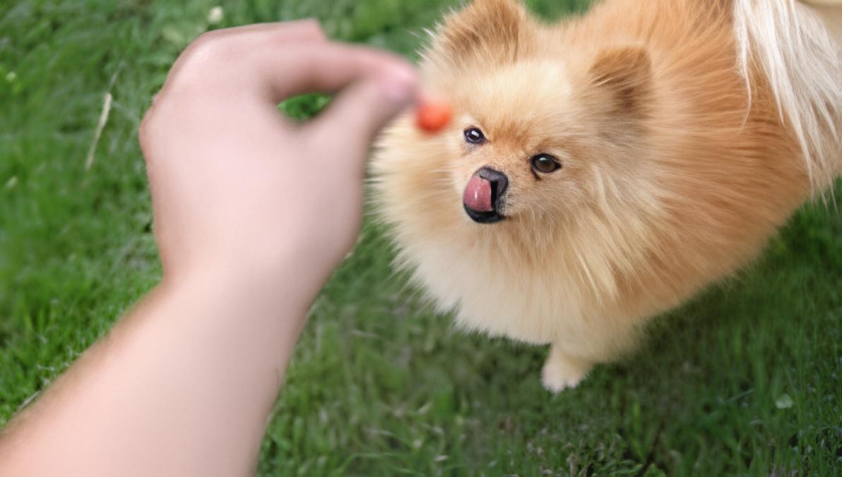 um lulu da pomerânia ganhando um petisco.
