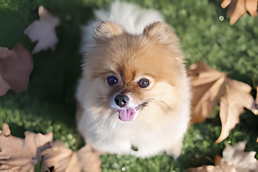 um cão da raça lulu da pomerânia sentado em um gramado com folhas secas.