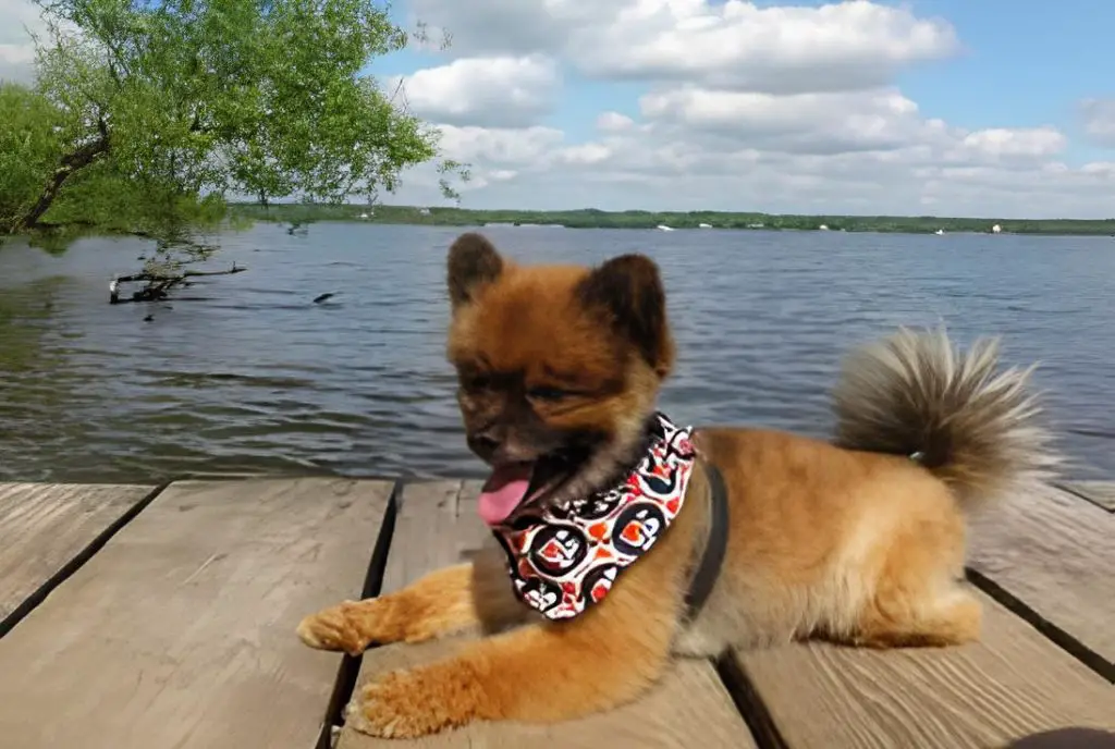 um cão da raça lulu da pomerânia deitado em cima de uma ponte de madeira com um rio atrás.