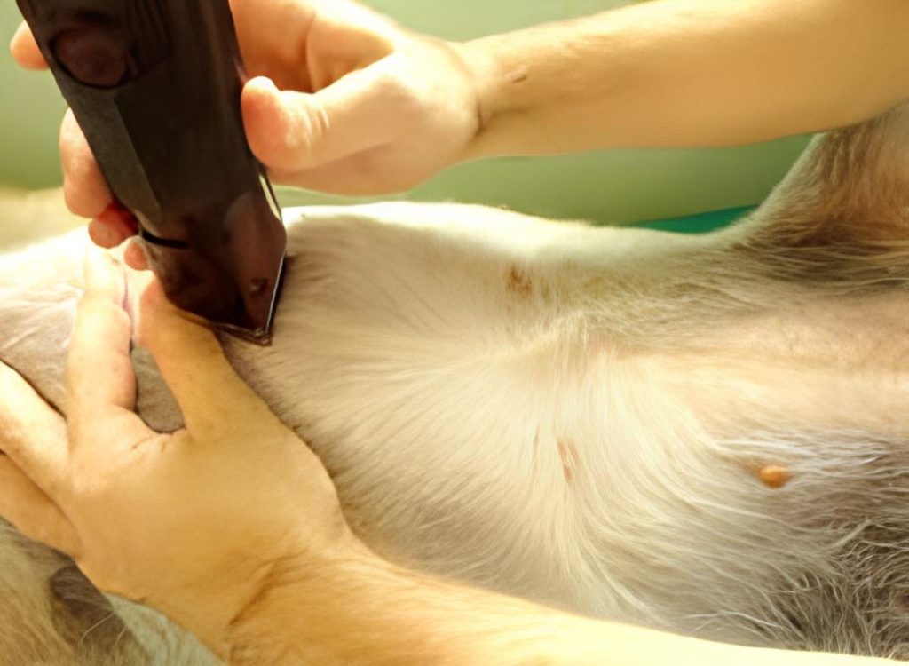 um cão realizando procedimento de tricotomia