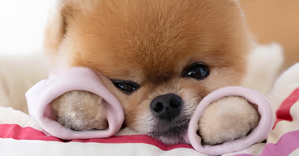 um cão da raça lulu da pomerânia deitado com estresse.