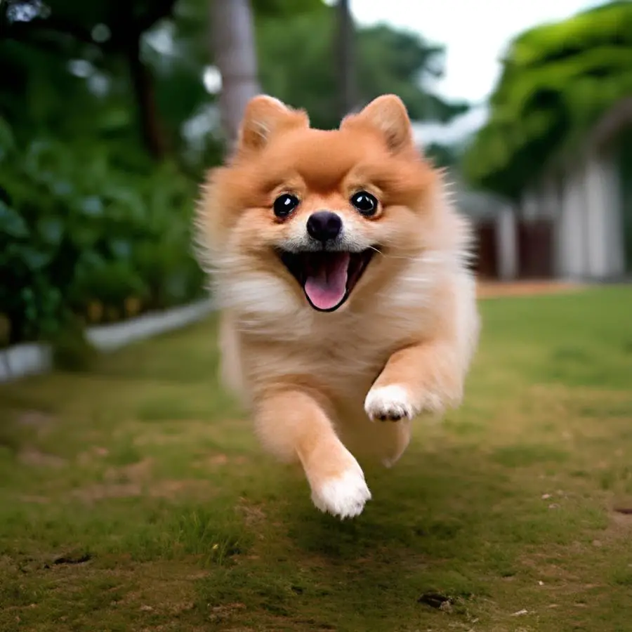 um cão da raça lulu da pomerânia hiperativo correndo em um gramado.