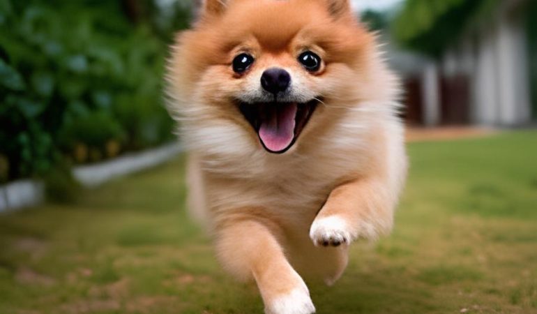 um cão da raça lulu da pomerânia correndo em um gramado.