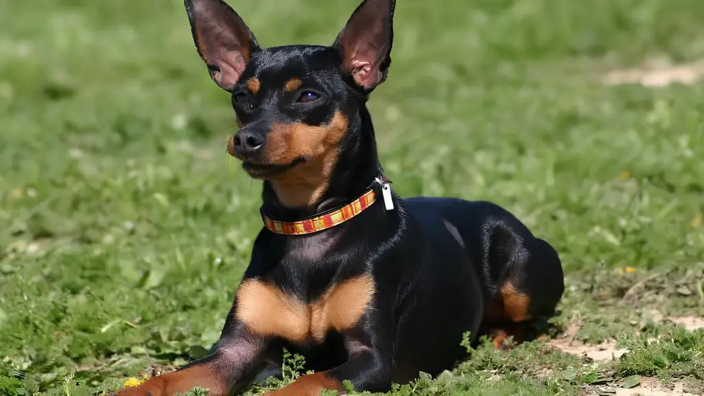 um pinsher deitado descansando em um gramado em um dia ensolarado.