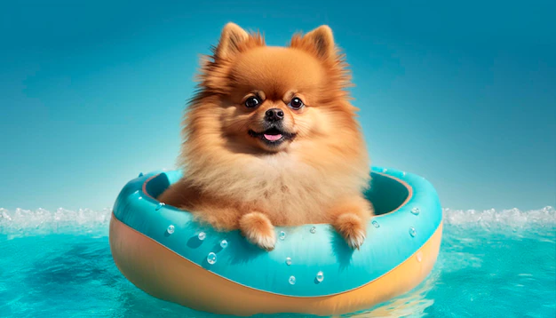 um cão da raça lulu da pomerânia dentro de uma bóia na pisicina.