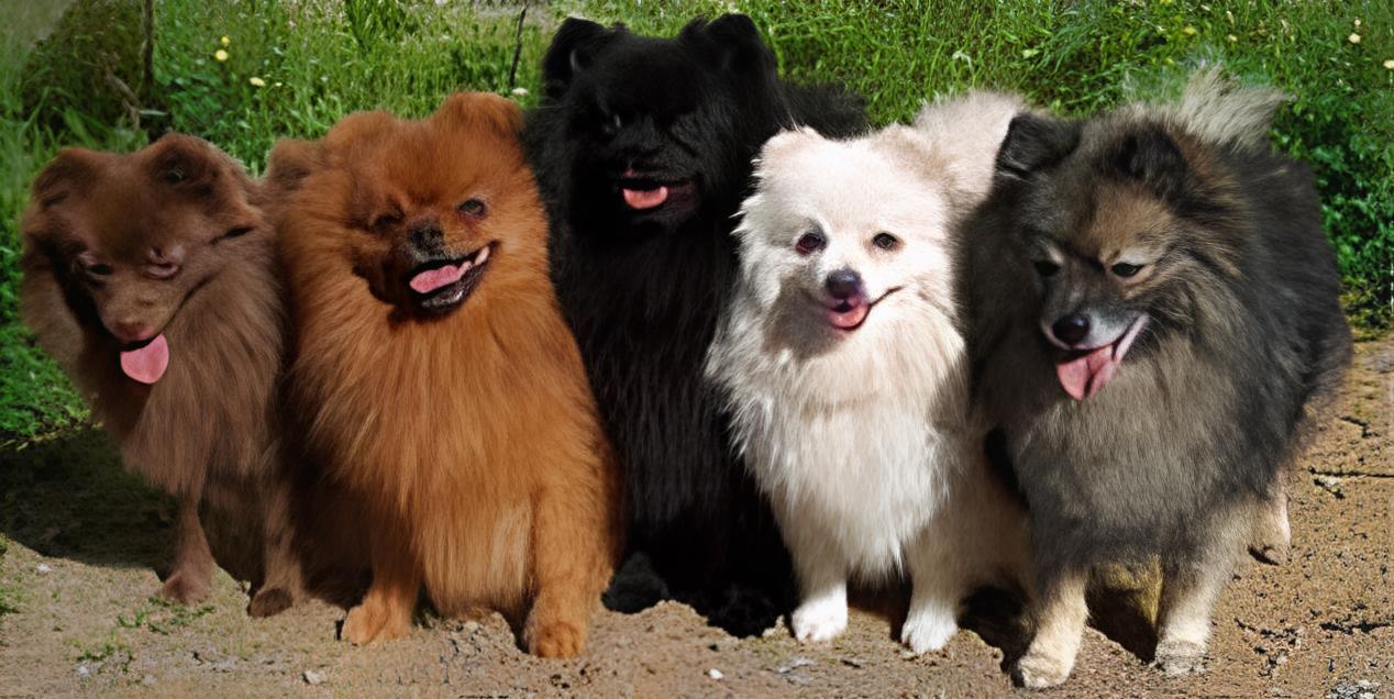 cinco cães da raça lulu da pomerânia de cores de pelagens diferentes lado a lado, atrás deles uma gramado.