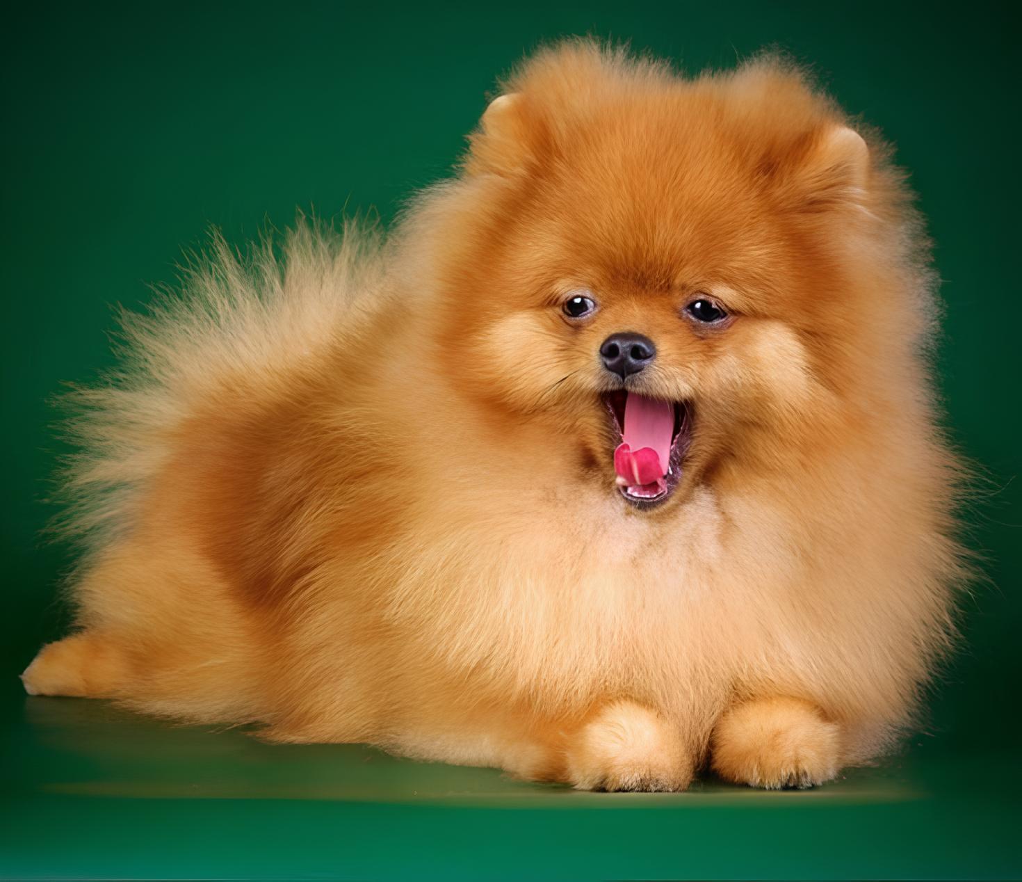 um cão da raça lulu da pomerânia deitado com língua de fora.