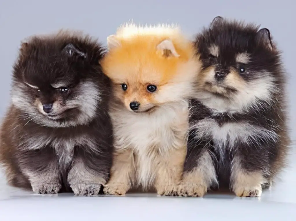 três filhotes de cães da raça lulu da pomerânia com cores de pelagens diferentes.