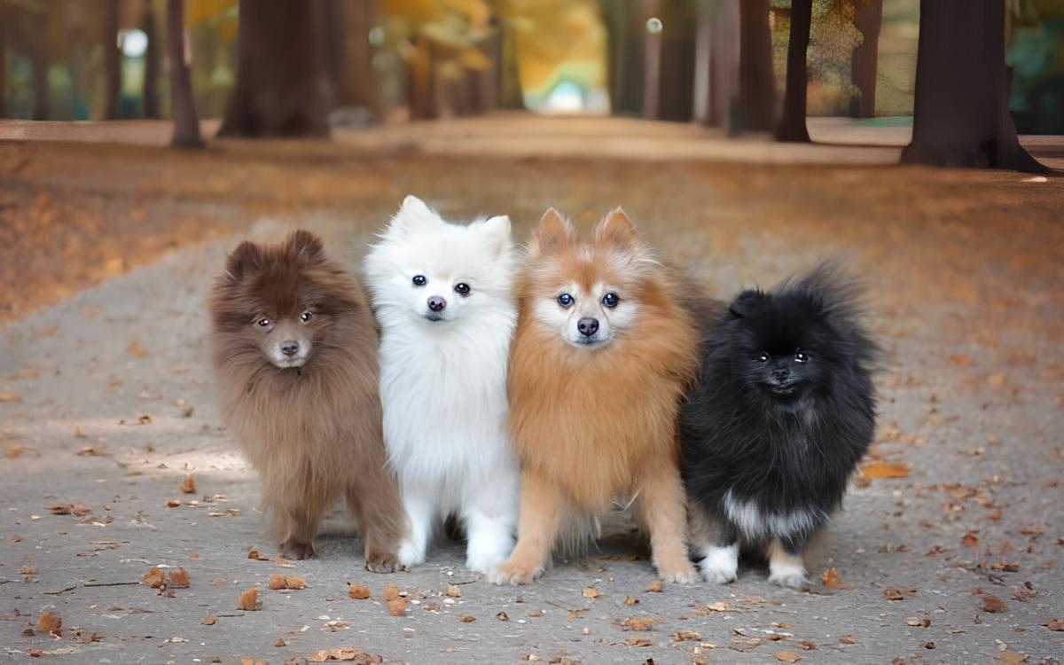 quatro cães da raça lulu da pomerânia em um asfalto com árvores e folhas secas no chão.
